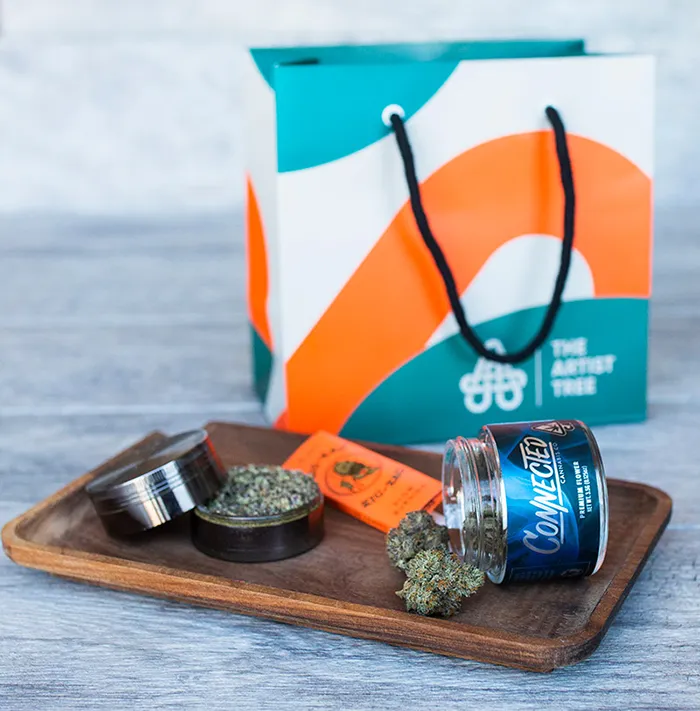 Cannabis on a wooden dish