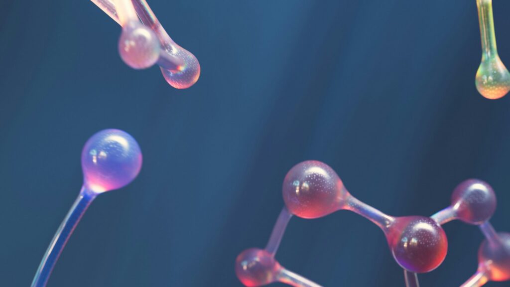 3D render of molecular structures representing cannabinoids interacting with endocannabinoid system receptors